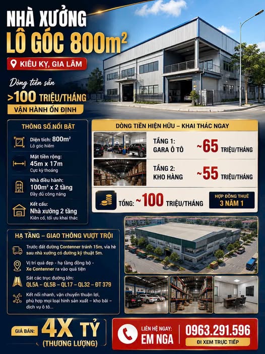 NHÀ XƯỞNG LÔ GÓC 800m² – KIÊU KỴ, GIA LÂM