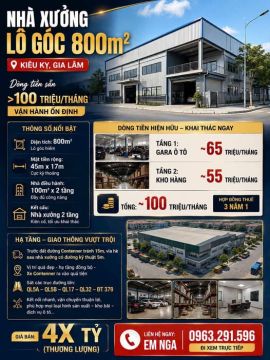 NHÀ XƯỞNG LÔ GÓC 800m² – KIÊU KỴ, GIA LÂM