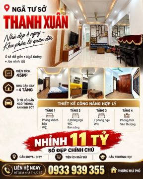 NGÃ TƯ SỞ – 45M², 4 TẦNG – PHÂN LÔ QUÂN ĐỘI – HƠN 11 TỶ