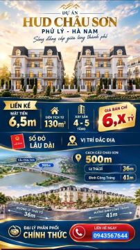 *Liền kề HUD Châu Sơn lõi trung tâm TP Phủ Lý Hà Nam. Xây sẵn 4 tầng, 130m2 đất, mặt tiền 6,5m, s...