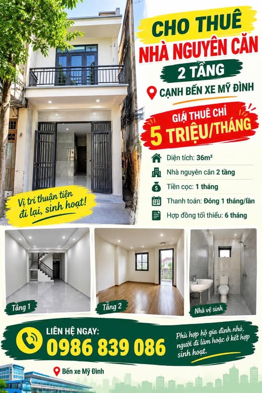 CHO THUÊ NHÀ NGUYÊN CĂN 2 TẦNG – CẠNH BẾN XE MỸ ĐÌNH-Chỉ 5 TRIỆU/THÁNG