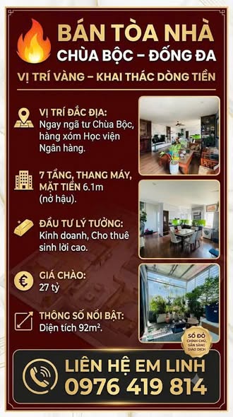 27 TỶ | CHÙA BỘC ĐỐNG ĐA — MẶT TIỀN 6,1M • 7 TẦNG THANG MÁY • KINH DOANH ĐỈNH • DÒNG TIỀN ỔN ĐỊNH