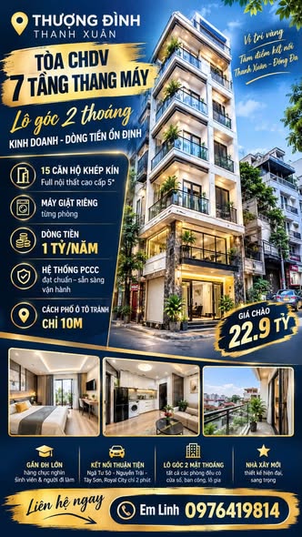 22,9 TỶ | THƯỢNG ĐÌNH THANH XUÂN — LÔ GÓC • 7 TẦNG THANG MÁY • 15 CĂN HỘ • DÒNG TIỀN 1 TỶ/NĂM