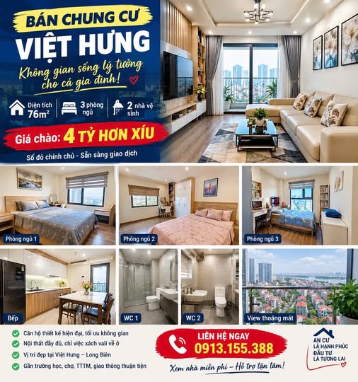 BÁN CHUNG CƯ VIỆT HƯNG – CĂN HỘ 76M² – 3 NGỦ – FULL NỘI THẤT