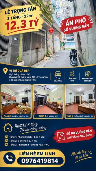 12,3 TỶ | LÊ TRỌNG TẤN THANH XUÂN — 32M² • Ô TÔ VÀO • NGÕ THẲNG • SỔ VUÔNG