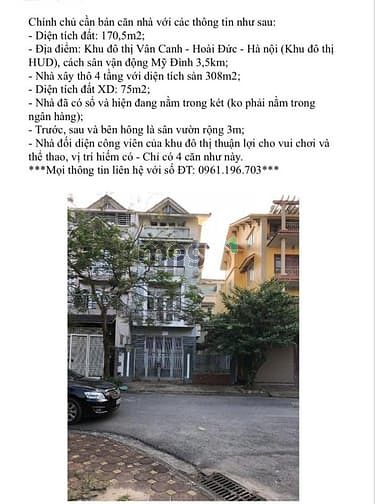 Chính chủ bán nhà liền kề KĐT Vân Canh - vị trí đẹp